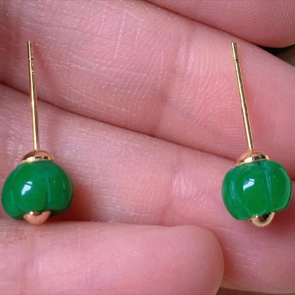 Gold Green Jade Stud Earrings - Picture 2 of 5